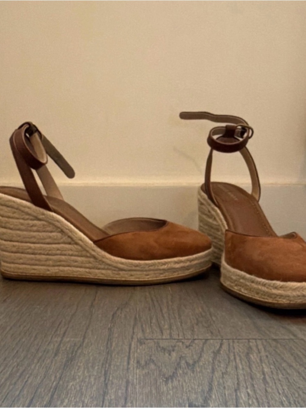 Cole Haan Tan Suede Espadrille Wedge Sandals with Ankle Strap